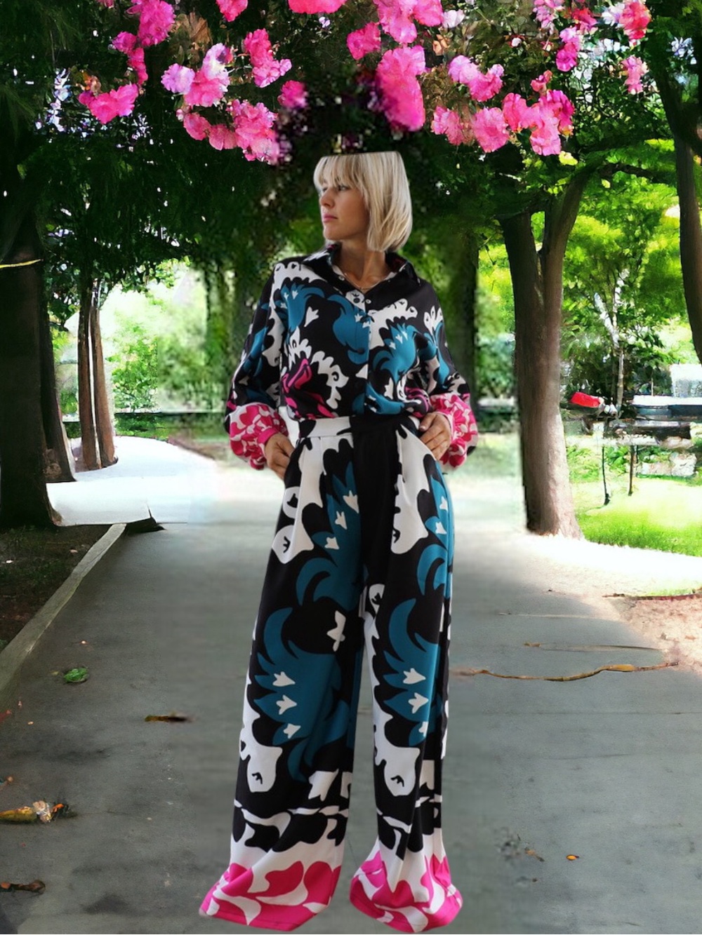 New Bold Floral Print Jumpsuit in Navy, Teal & Pink